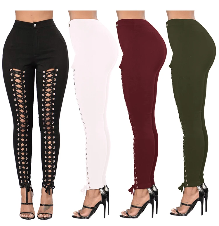 2017 Latest Design Bandage Women Slim Trousers Side Lace Up Pants - Buy ...