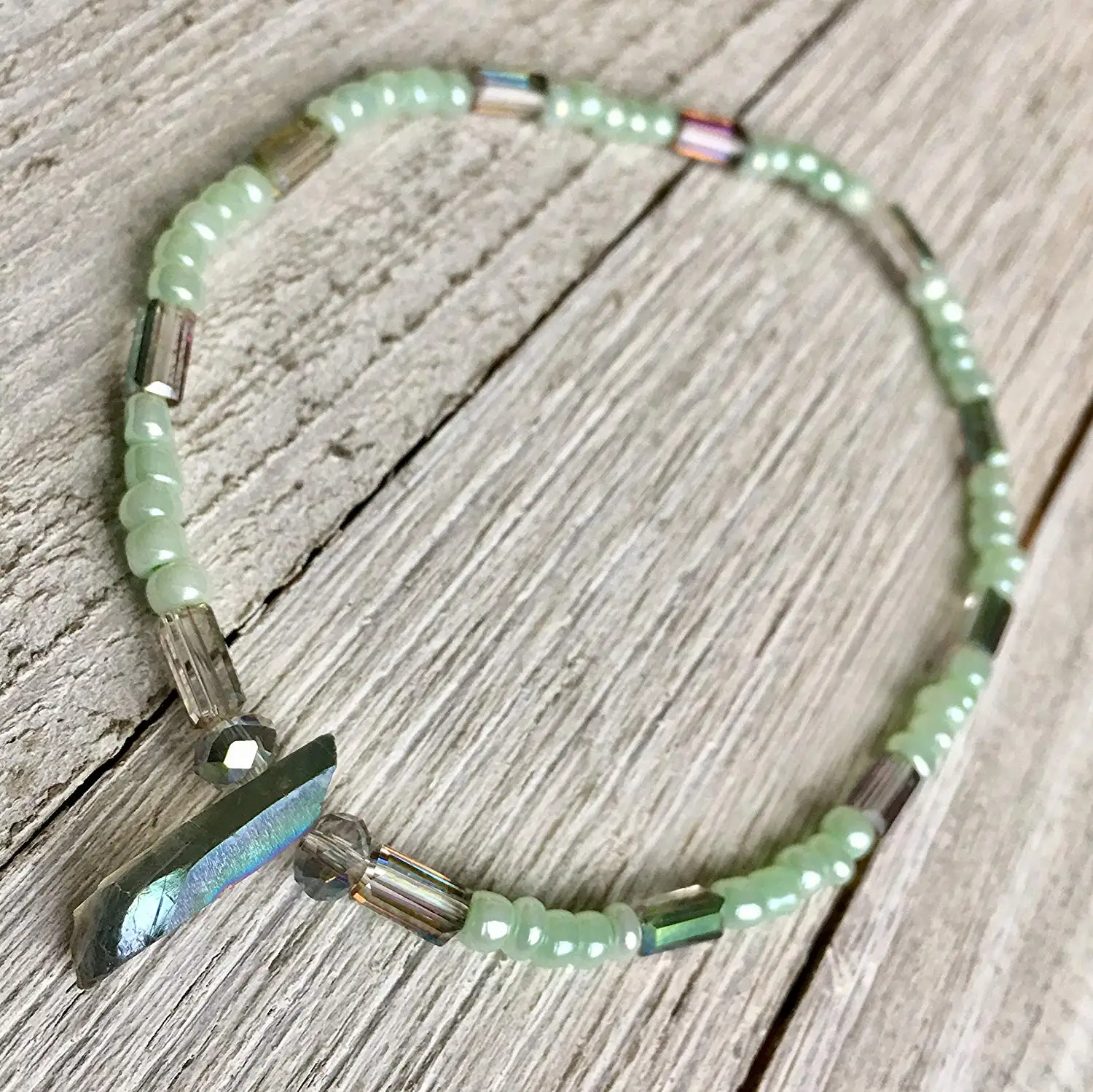 Green Prism Crystal Anklet, Glass Crystal Anklet, Mint Green Seed Beaded Anklet, Beaded Ankle Bracelet, Glass Beaded Anklet, Body Jewelry