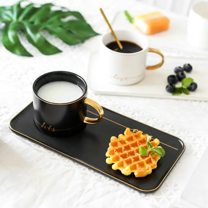 Hot sale turkish gold handle breatfast coffee latte stoneware cup with rectangle tray