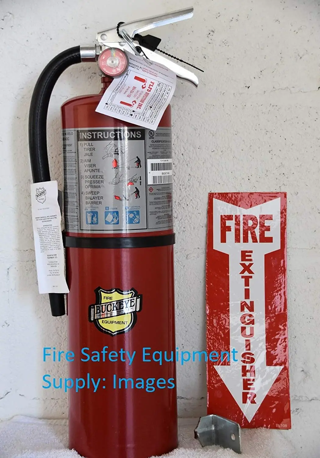 (Lot of 1) Buckeye 10 LB. ABC Fire Extinguisher - Rechargeable and Certified (Tagged) Ready for Fire Inspections, Wall Hook Bracket, and Arrow Sign Included to Mark the Spot UL Rating 4A - 80 B:C