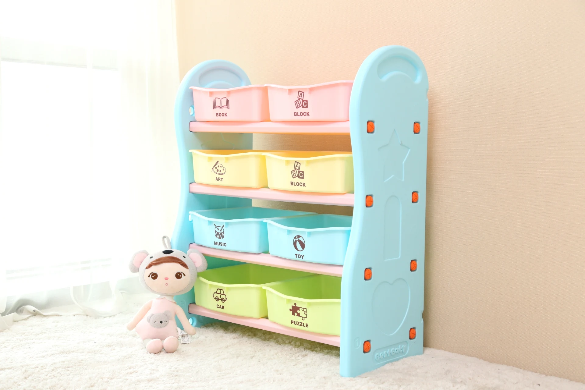 toy storage shelf with plastic bins