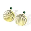 New creative hollow leaves round geometric gold earrings with green crystal French style stainless steel stud earrings custom