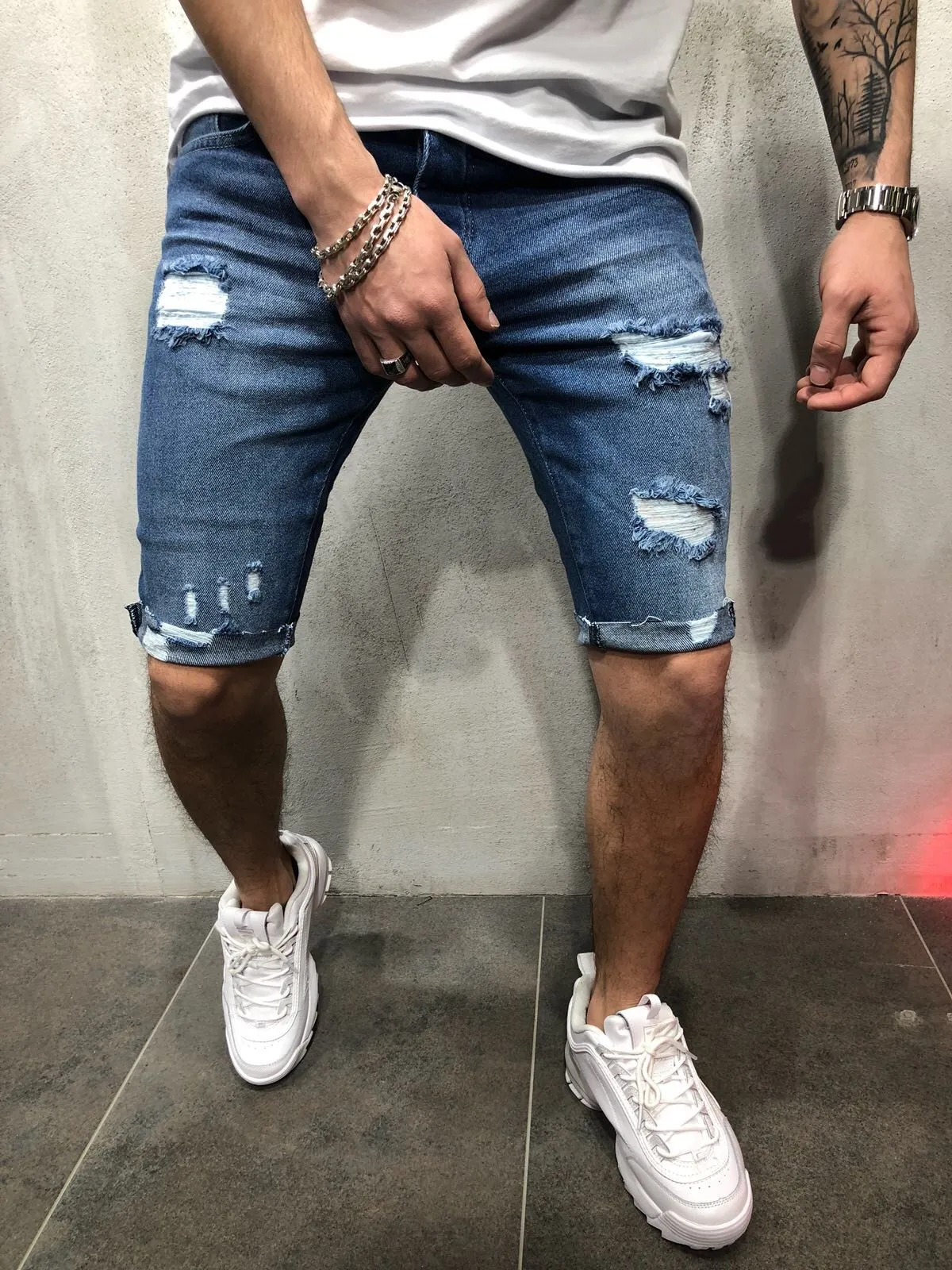 New Summer Denim Shorts Men Cotton Solid Straight Male Blue Short Hole ...