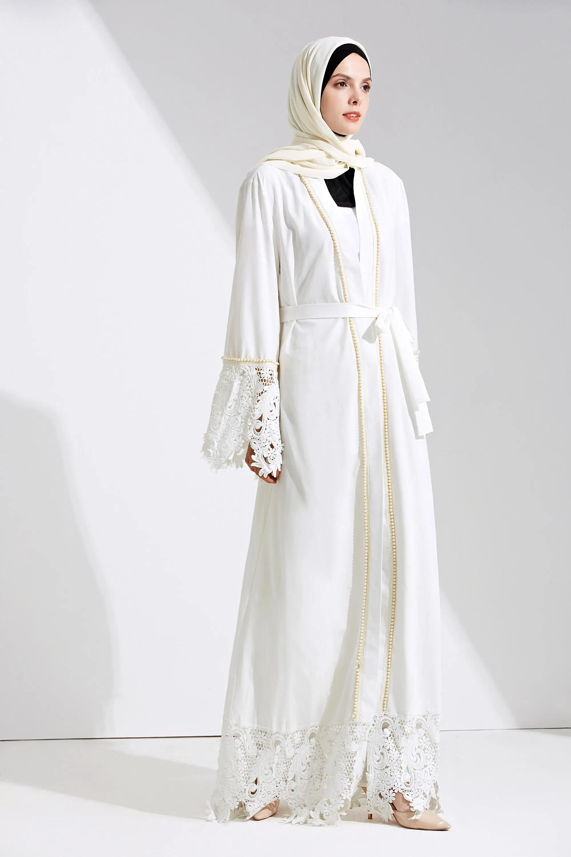 New Arrival Muslim Dress White Pearl Front Open Abaya High Quality Fashion Women Dress Buy