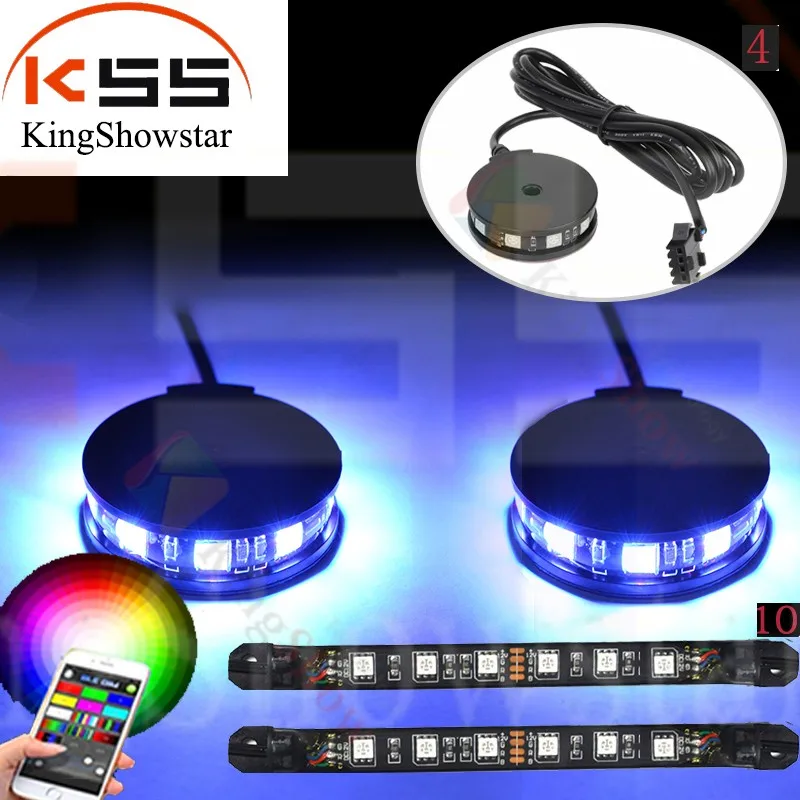 Million Color 12v 10pc strip + 4pc wheel light pod Cellphone app Controller Motorcycle LED Light Kits with music Sync