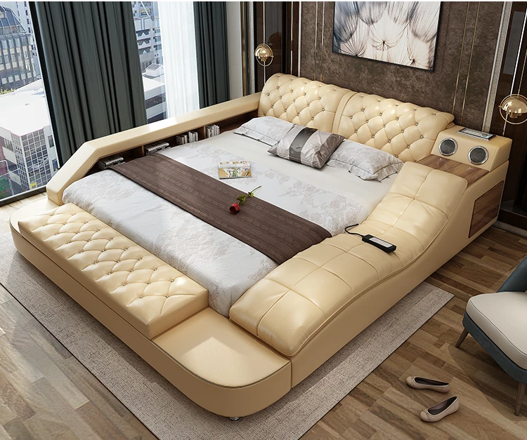Intelligent Massage Cow Hide Skin Genuine Leather Bed,Japanese Storage