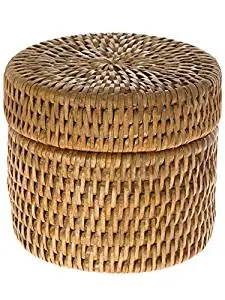 KOUBOO 1030047 La Jolla Round Rattan Container with Plastic Insert and Twist-Off Lid, Small, 4.75" x 4.75" x 4", Honey-Brown