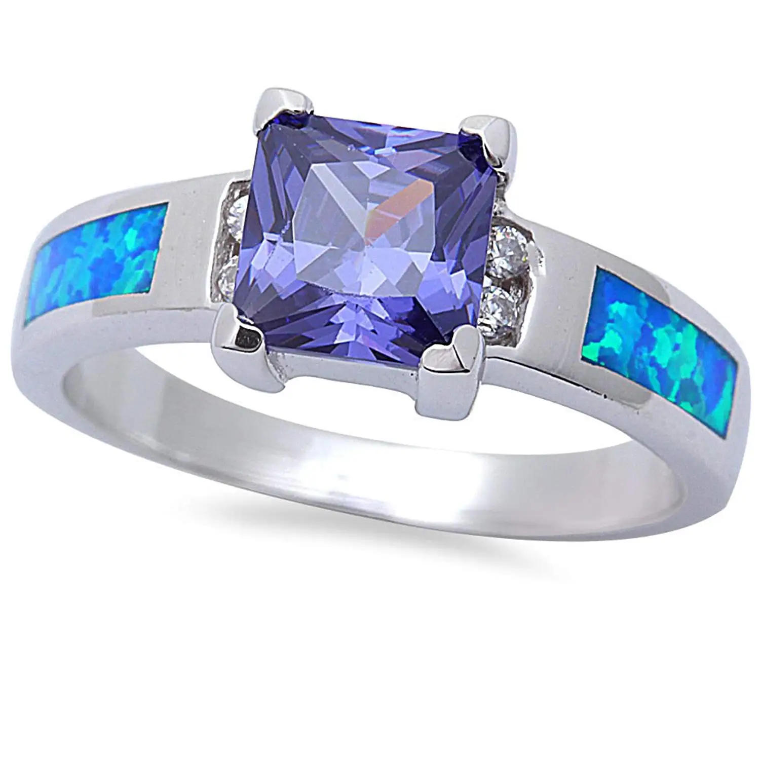 Princess Cut Simulated Tanzanite, CZ, & Lab Created Blue Opal .925 Sterling Silver Ring SIZES 5-9
