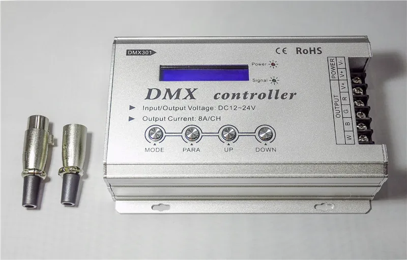 DMX301 low voltage DMX led controller (with LCD display);DC12~24V input;Output current:8A*3channels,power: 12V:<144W, 24V:<288W