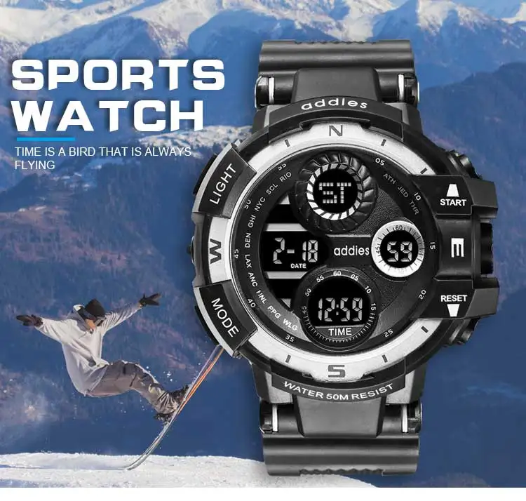 Addies 50M Waterproof LED Alarm Backlight Super Cool Watch Men Digital Sports Military Watch