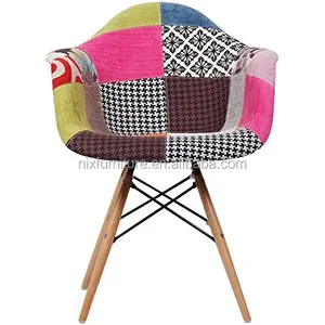 Upholstered Eamez Style Armchair Fabric Chair With Solid Wood Leg Patchwork Multi Pattern Dining Room Chair With Arm