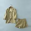 Summer custom contrast color tailored collar women short linen pajamas