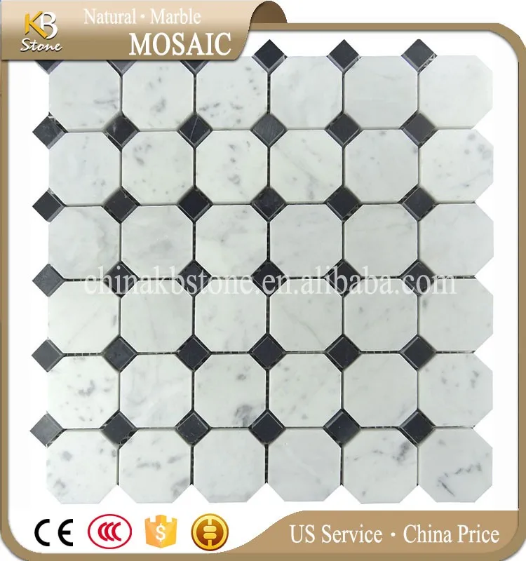 Blanco De Carrara Octágono Azulejo De Mosaico De Mármol Negro Mezclado