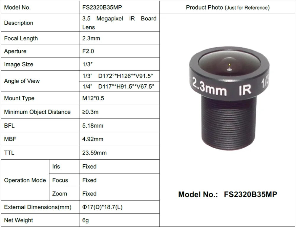Focusafe Brand Lens M12 Lens 2.3mm With 3.5 Megapixel Cctv