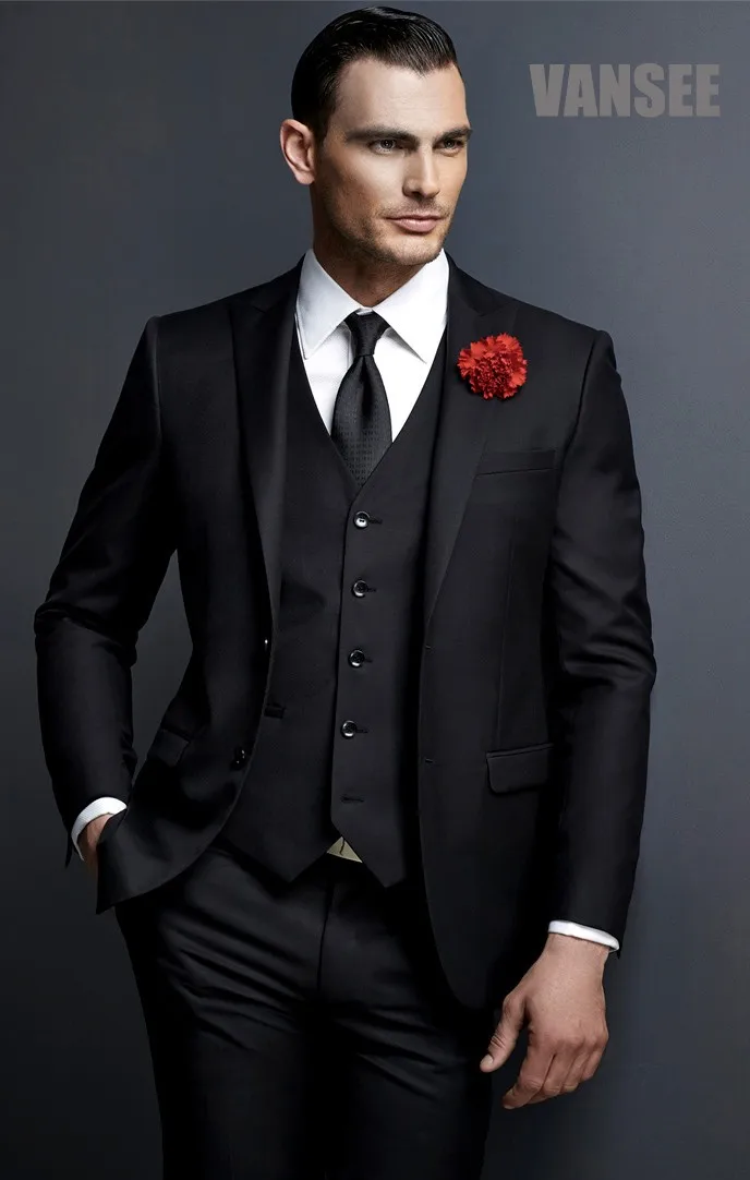 绅士英国西部意大利风格 3 件西装夹克男士商务正式黑色西装套装