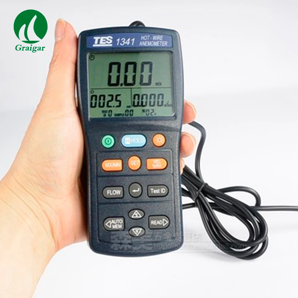 Tes1341 Hot Wire Anemometer Sensor Digital Flow Volume Tester,0.1 To