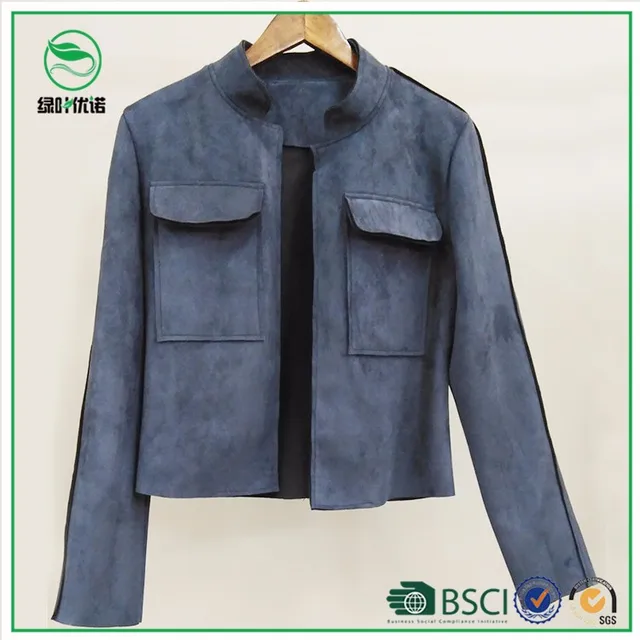 Stand collar Casual Blue Ladies Faux Suede Jacket with Front Opening