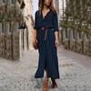Nice woman frock elbow sleeves front pocket lady casual simple button long female slit dress