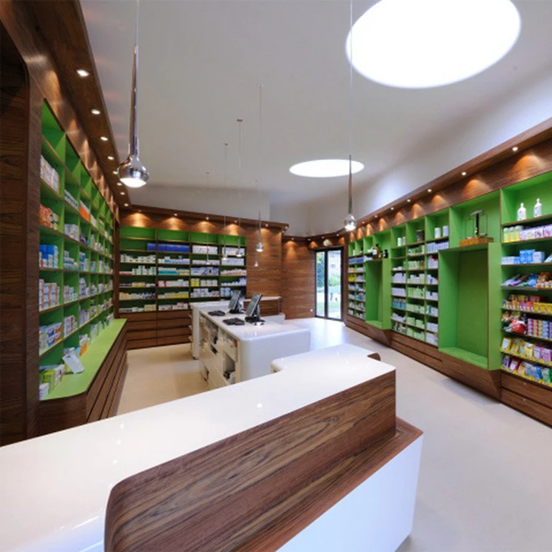 Custom Made Wall Wood Medical Display Store Counter Interior Design