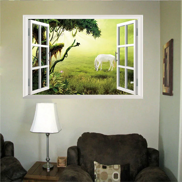 Palsu Jendela  Hijau Padang Rumput Kuda Putih  3d Wallpaper  