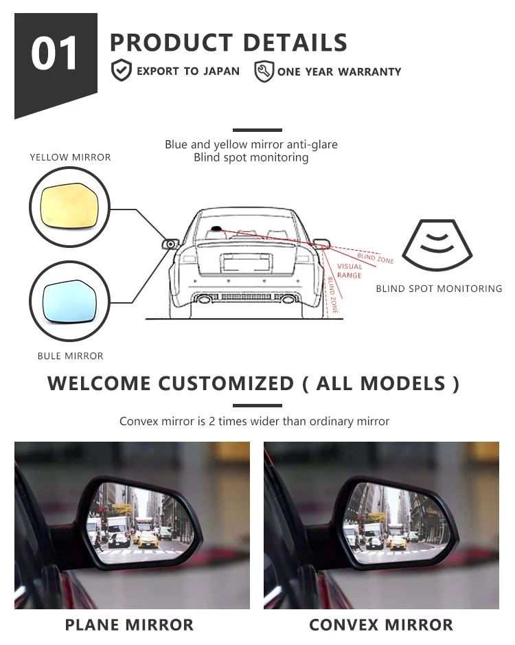 Car Rear View Mirror Blue Color Car Door Mirror Glass With Heated Led