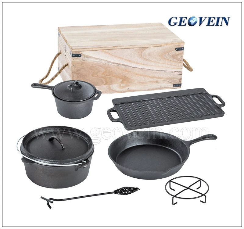 7 Pieces Cast Iron Cookware Set In Wooden Box Buy Cast Iron Cookware