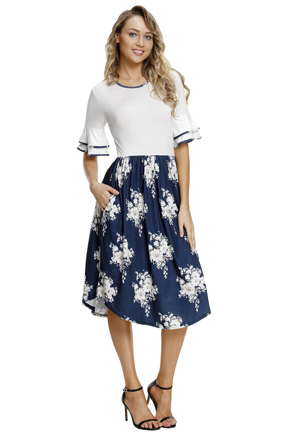 women white top floral skirt bell sleeve dress