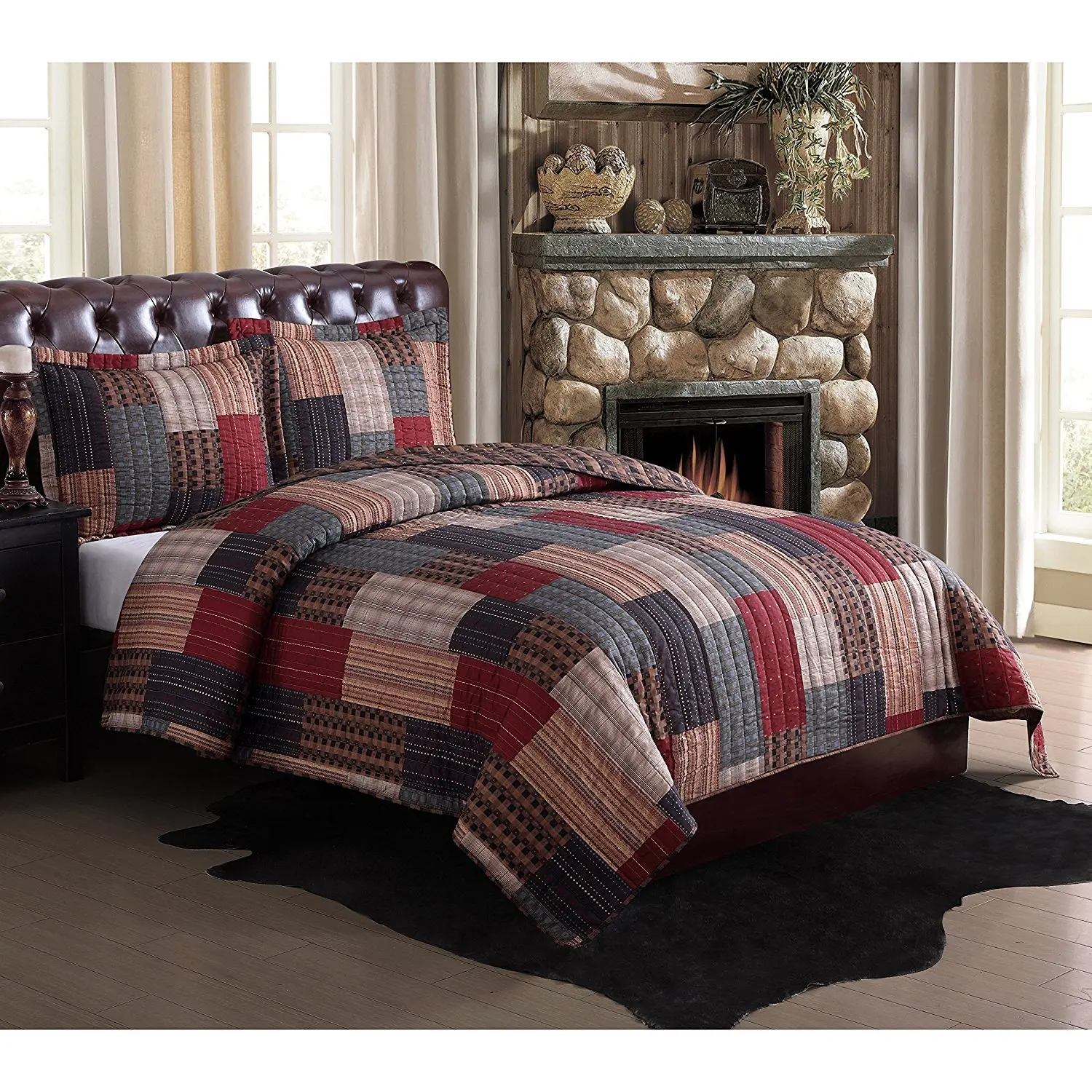 D&H 3 Piece Multi Color Patchwork Plaid Theme Quilt Full Queen Set, Stylish Patch Work Block Pattern Beddding, Square Rectangle French Country Lodge Cabin Themed, Burgundy Red Blue Tan Brown