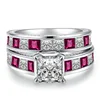 Wholesale women's unique 4 claw prong setting two in one engagement wedding bands ring set jewellery with purple stone R632