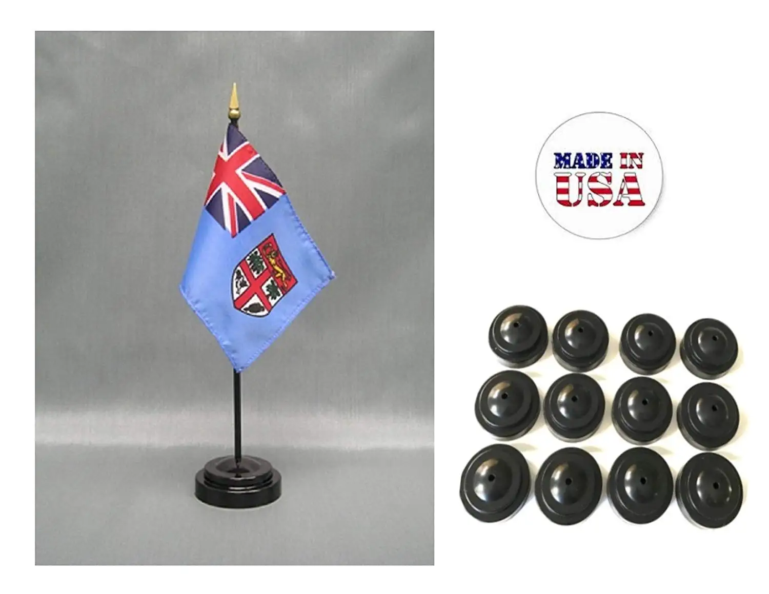 Made in the USA!! Box of 12 Fiji 4"x6" Miniature Desk & Table Flags Includes 12 Flag Stands & 12 Fijian Small Mini Stick Flags
