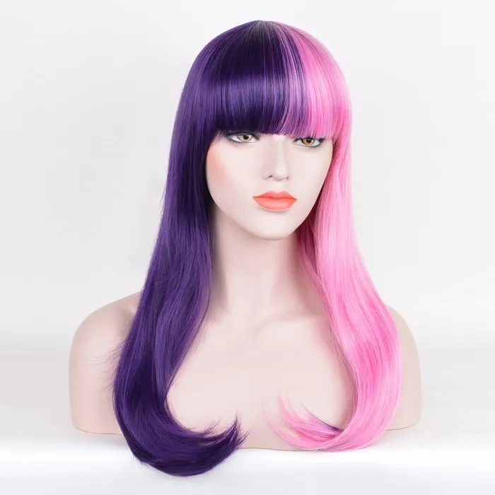 ファッションウィッグハーフブルーハーフピンクロングストレート 