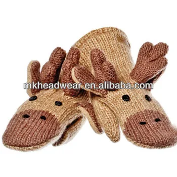Hand Crocheted Acrylic Knitted Cute Moose Animal Mittens - Buy Custom Knit Mi...