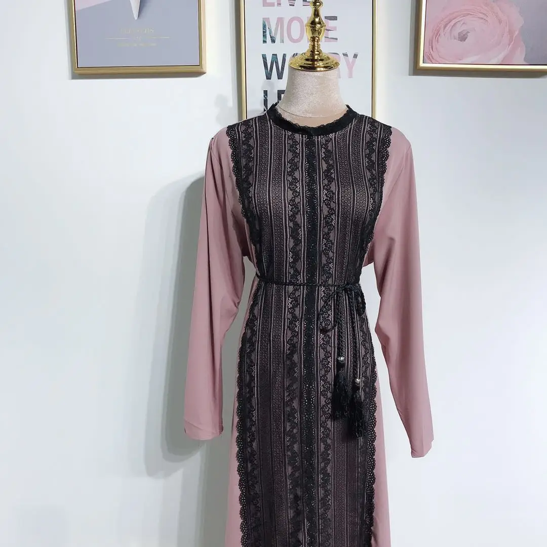 New Model Abaya Dubai Turkish Muslim Pink With Black Lace
