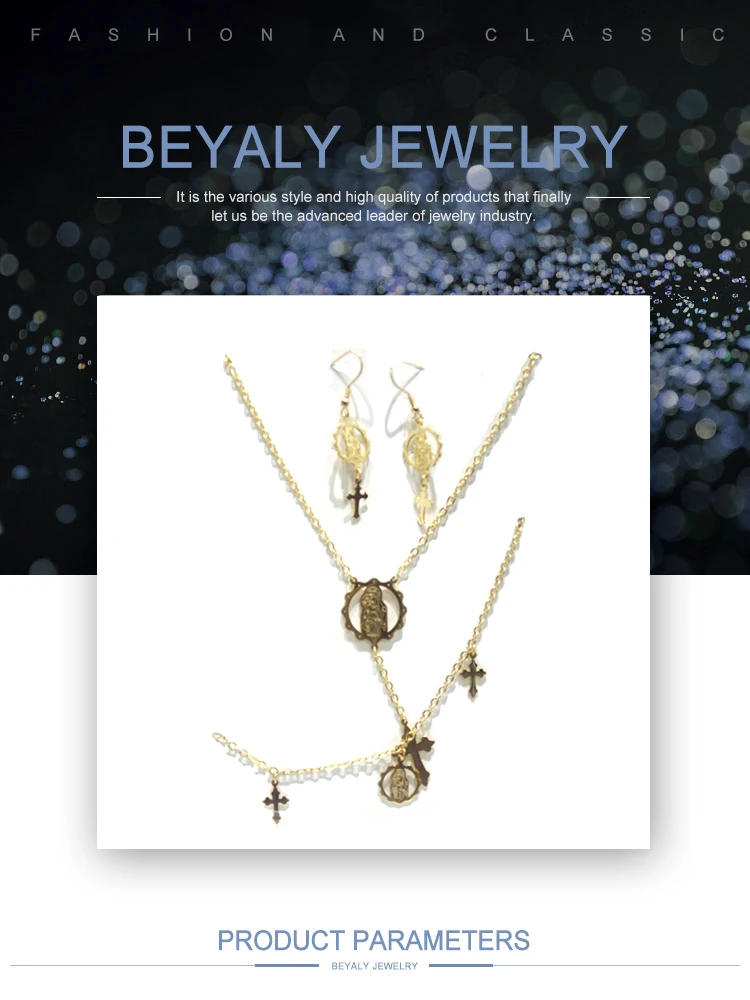 Trendy cross christian brass stylish 18k gold jewelry set