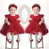 Summer Baby Toddler Girl Dress bubble puff sleeve Flower Headwear Princess Red Wedding Party Pageant Tulle TUTU Dresses