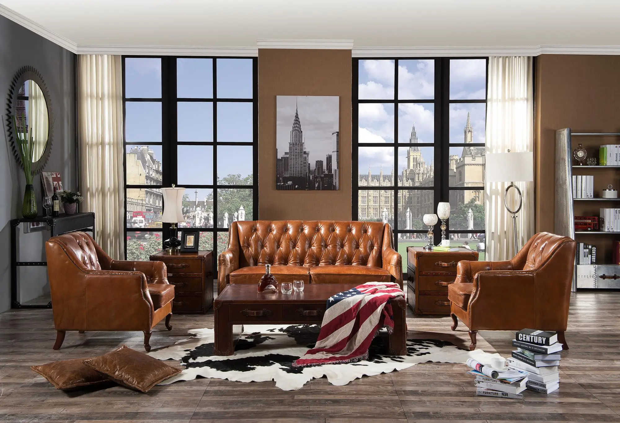 Recliner Chesterfield Antique Brown Leather Industrial Sofa Living Room