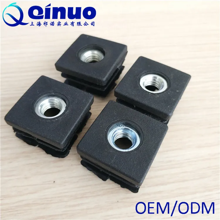 Top Quality Plastic Black 25*25mm Square Threaded Tube Inserts For M6 Adjustable Leveling Feet