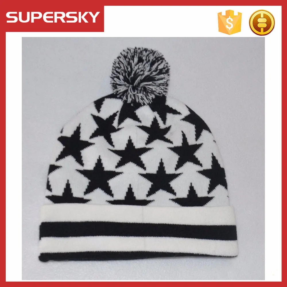 T1527 Christmas Pattern Winter Hats With Ball On Top Acrylic Knit