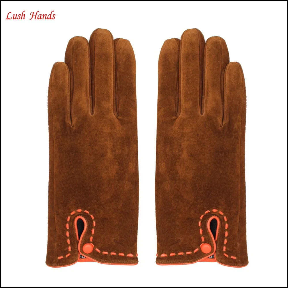 Ladies touch screen Brown pigsuede gloves with button details