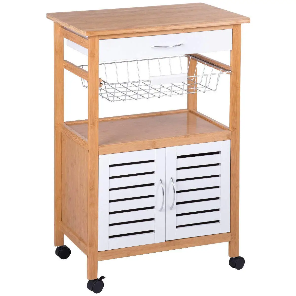 Bamboo Kitchen Island Cart Organizer Drawer Wire Fruit Basket Wheel