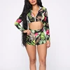 KY Tropical Print Zip Uphot sexy crop long sleeve Jacket Mock Neck High Waist Shorts Contrast Binding 2 piece short set women