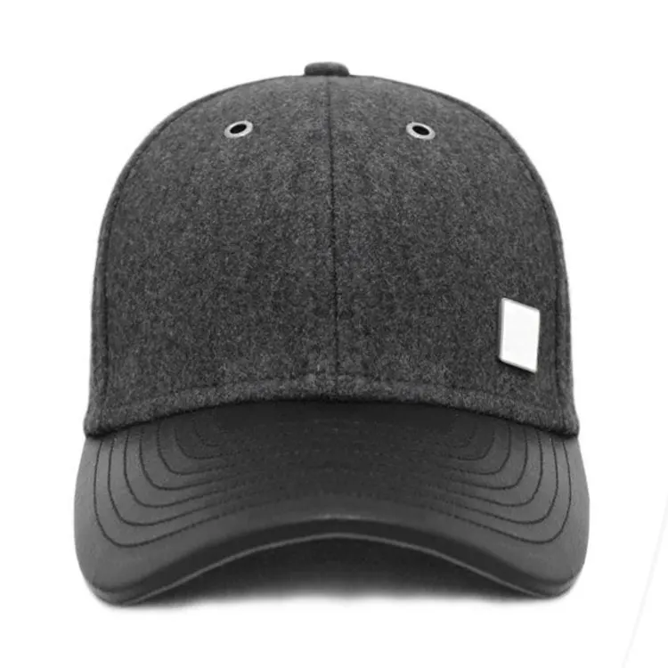 Custom Grey Wool No Logo Baseball Cap With Leather Curved Brim Baseball