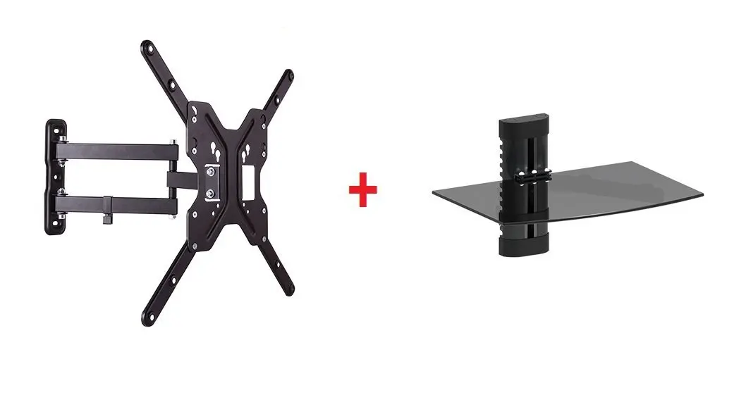 Mount Plus LDA11-DV291 LCD LED Swivel Tilt Wall Mount Bracket for 24" 26" 32" 37" 40" 42" 46" LCD LED TV Monitor Bundle Single Glass Shelf for Blu-ray, DVD and AVComponents (VESA 400x400, 300x300, 200x200, Glass Shelf Size 14.17 x 9.84)