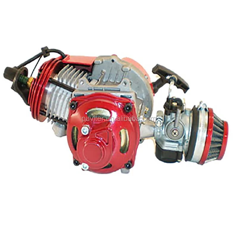 Engine + Handle Grip + Throttle Cable, Red 49cc 52cc Big Bore Pocket Bike Engine with Performance Cylinder CNC Engine Cover Racing Carburetor DIY Engine 