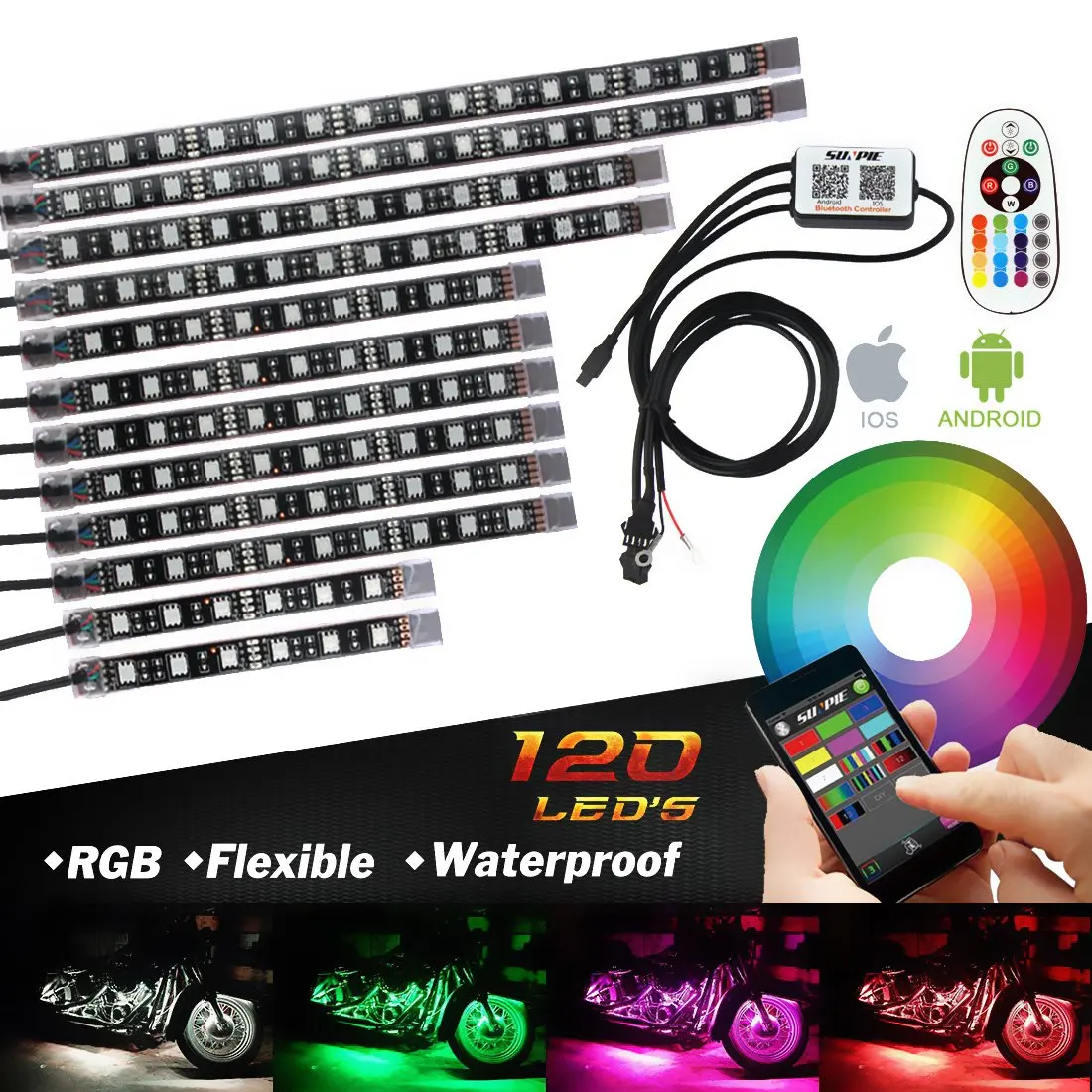 10Pcs RGB Neon Accent Glow Lights Flexible Lamp with Bluetooth Smartphone APP Controller for motorcycle. NBWDYs Motorcycle Atmosphere LED Light Strip Kit