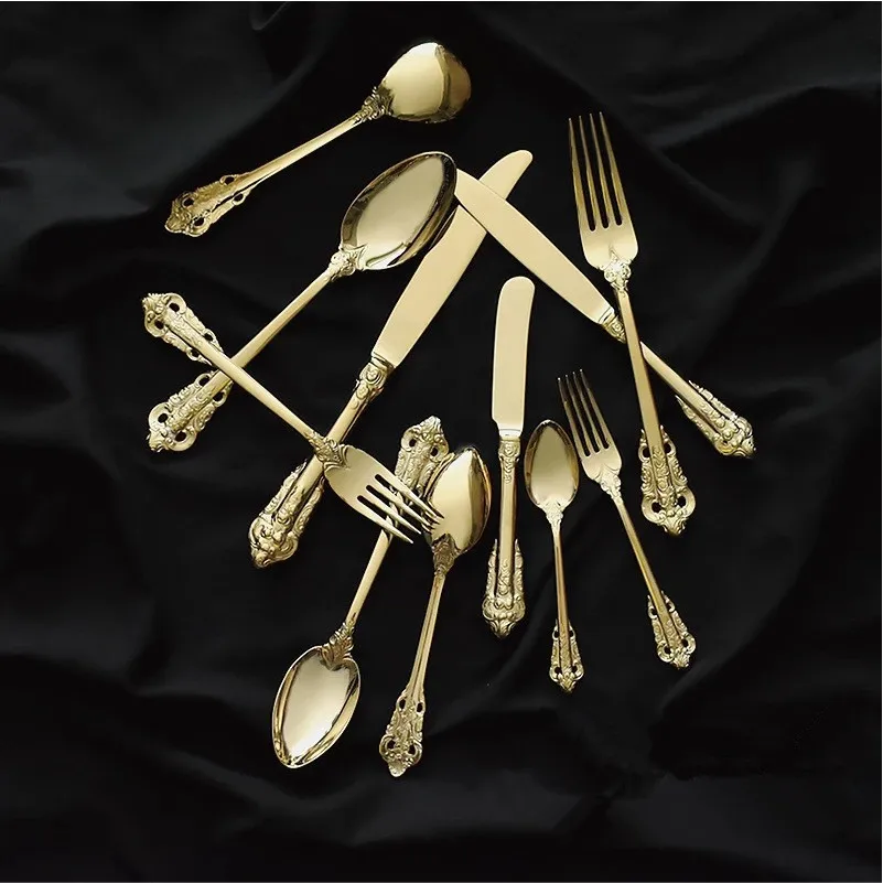 Wholesale Stainless Steel European Palace Design Gold And Silver Cutlery Set Metal Fork Knives And Spoon Gift Flatware
