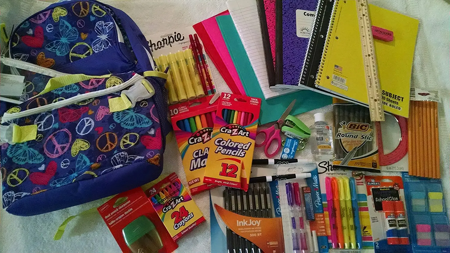 BACK TO SCHOOL "HEARTPEACEBUTTERFLY" Purple Backpack With Matching Lunch Bag & Pencil Case~PLUS~Necessary School Supplies Bundle Set