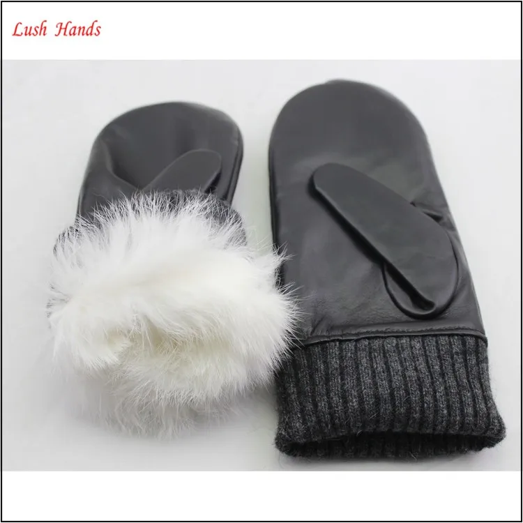 women fashion rabbit fur lining embroidery mitten leather gloves
