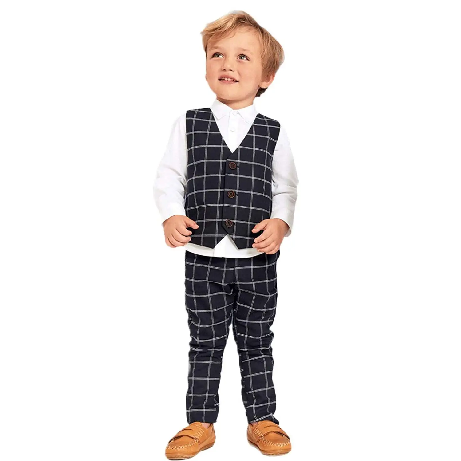 Moyikiss Studio Kids Boys Gentleman Outfits 3Pcs Cotton White Shirt+Vest+Pants Plaid Leisure Suit