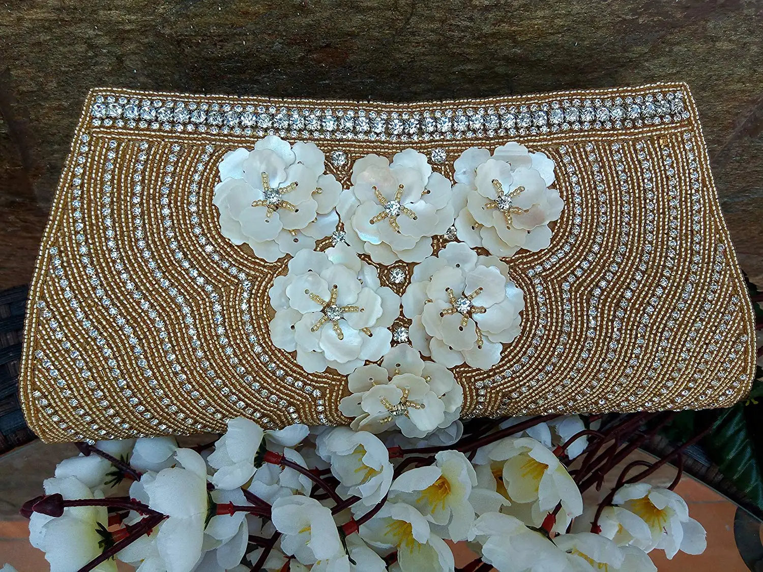 Indian Inspired Beaded Fuchsia Silk Clutch with Pearls and Crystals